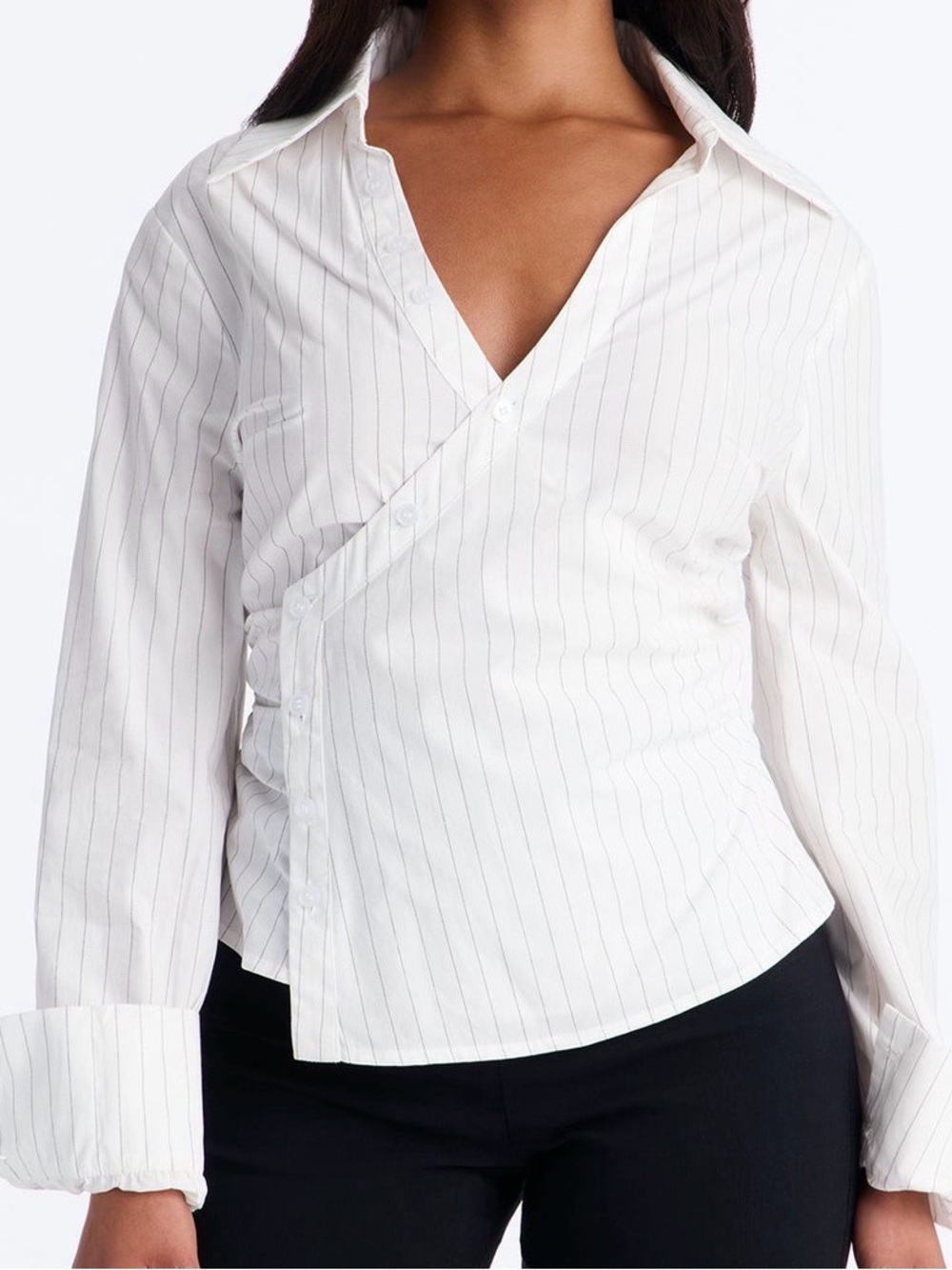 Fashion Nova White Pinstripe Asymmetric Button-Down Shirt